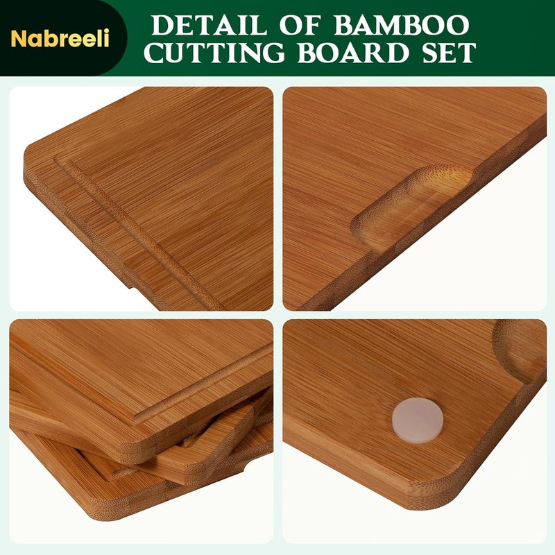 nabreeli Bamboo Cutting Board Set of 3, Carbonized Wood Chopping Boards with Juice Groove & Non-Slip Feet. Dishwasher Safe, Large Wooden Boards for Meat, Cheese Charcuterie, with Holder Christmas Gift for Home - Image 4